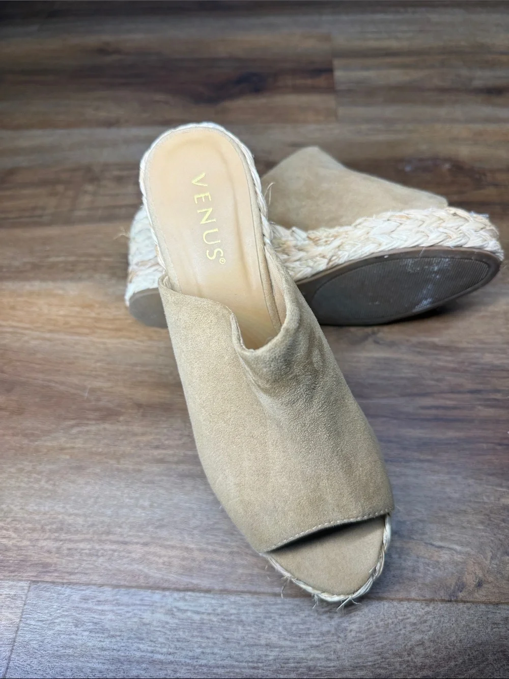 VENUS Beige Suede Espadrille Wedge Mule